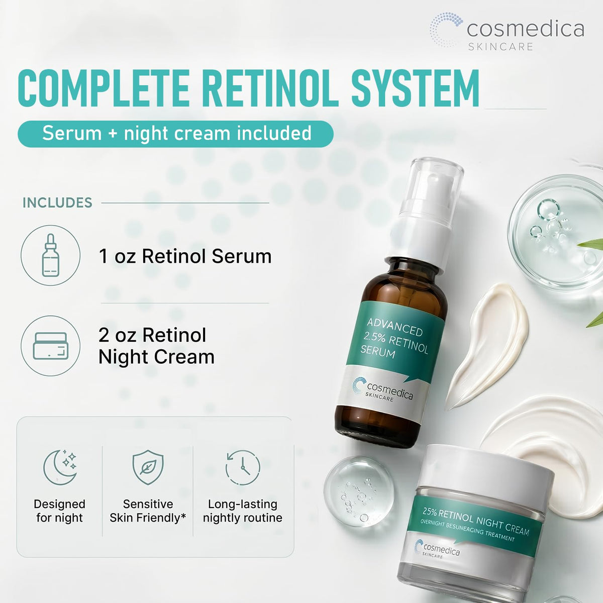 Cosmedica 2.5% Retinol Serum 1oz & Retinol Night Cream 2oz - Skin Care Set