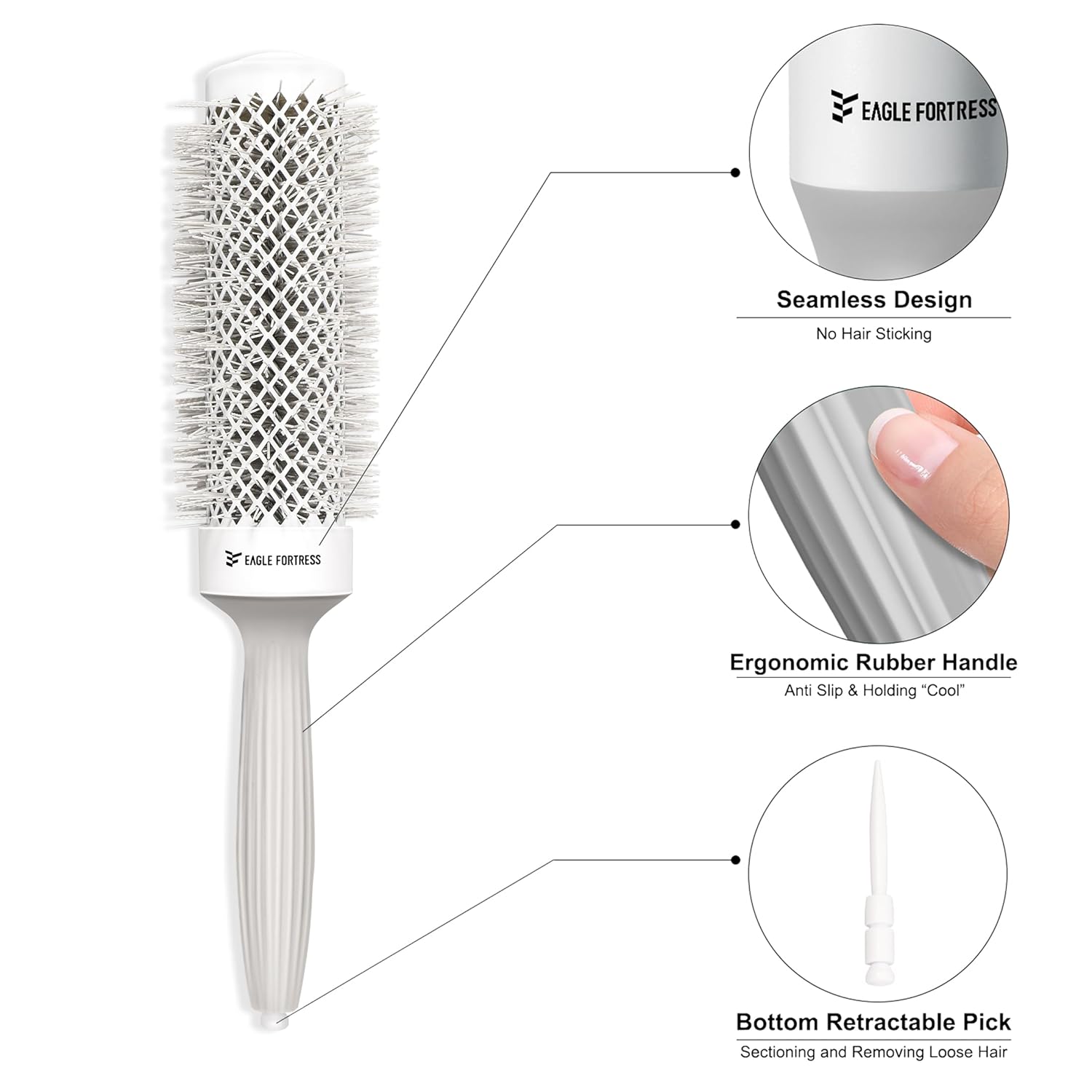 Eagle Fortress Professional Extended Barrel Round Hair Brush for Blow Drying with Ceramic + Ionic, Grey 1.69in