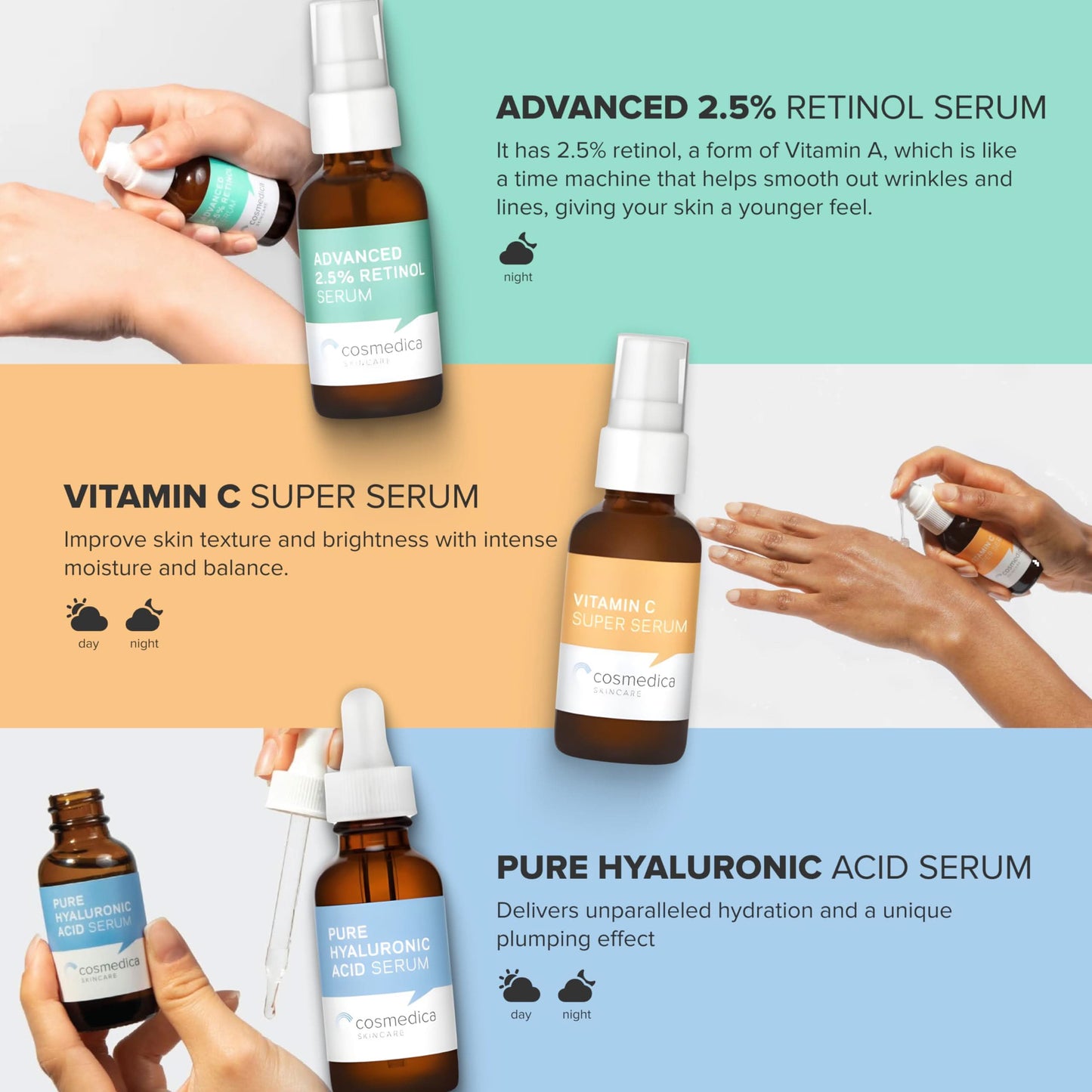 Cosmedica Skincare Facial Serum Trio Set – Vitamin C Serum, 2.5% Retinol Serum & Hyaluronic Acid Serum for Face – Anti Aging, Brightening & Hydrating Skincare – Reduce Wrinkles & Dark Spots – Vegan, Cruelty Free (3 x 1oz)