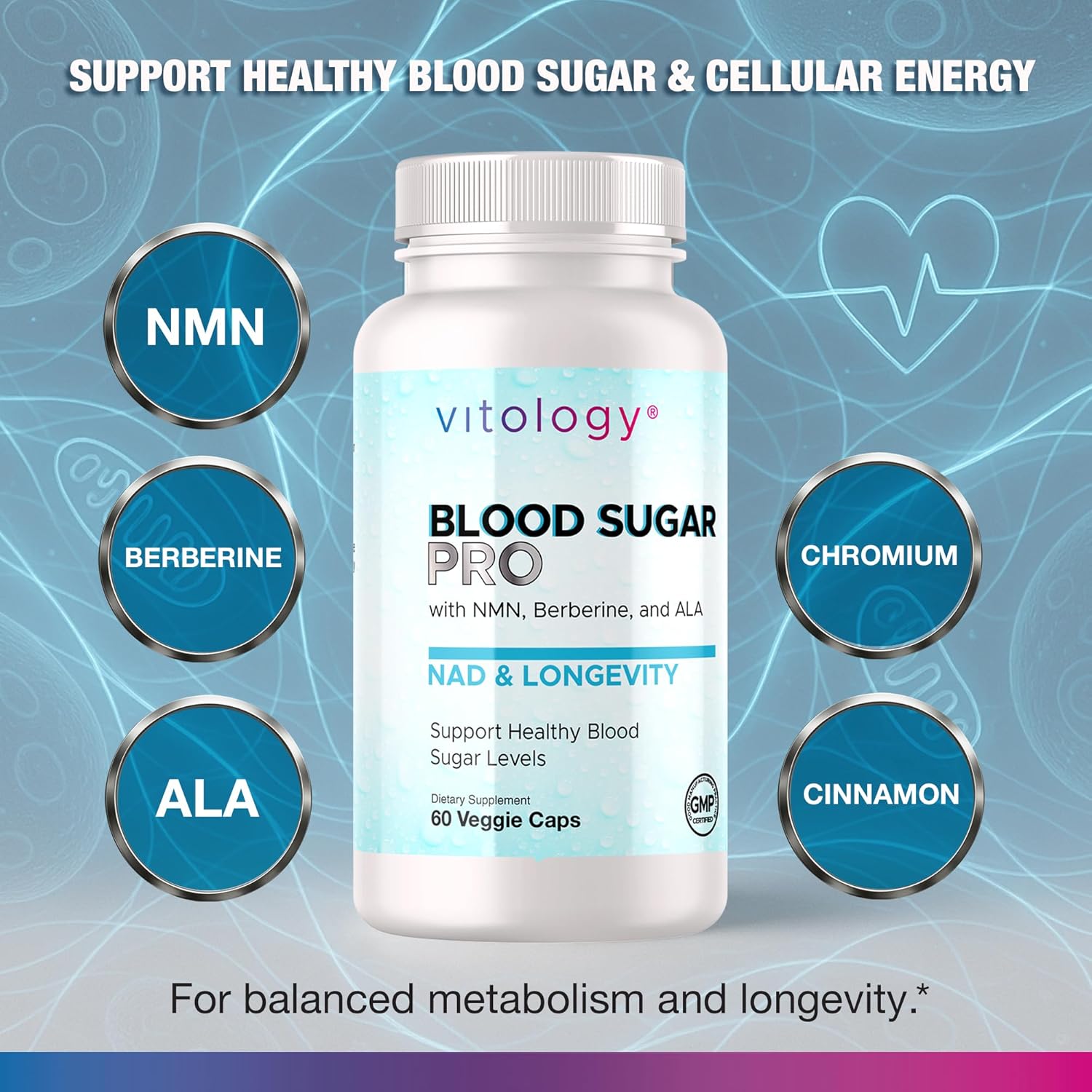NAD+ Longevity: Blood Sugar Support 60 Veggie Capsules