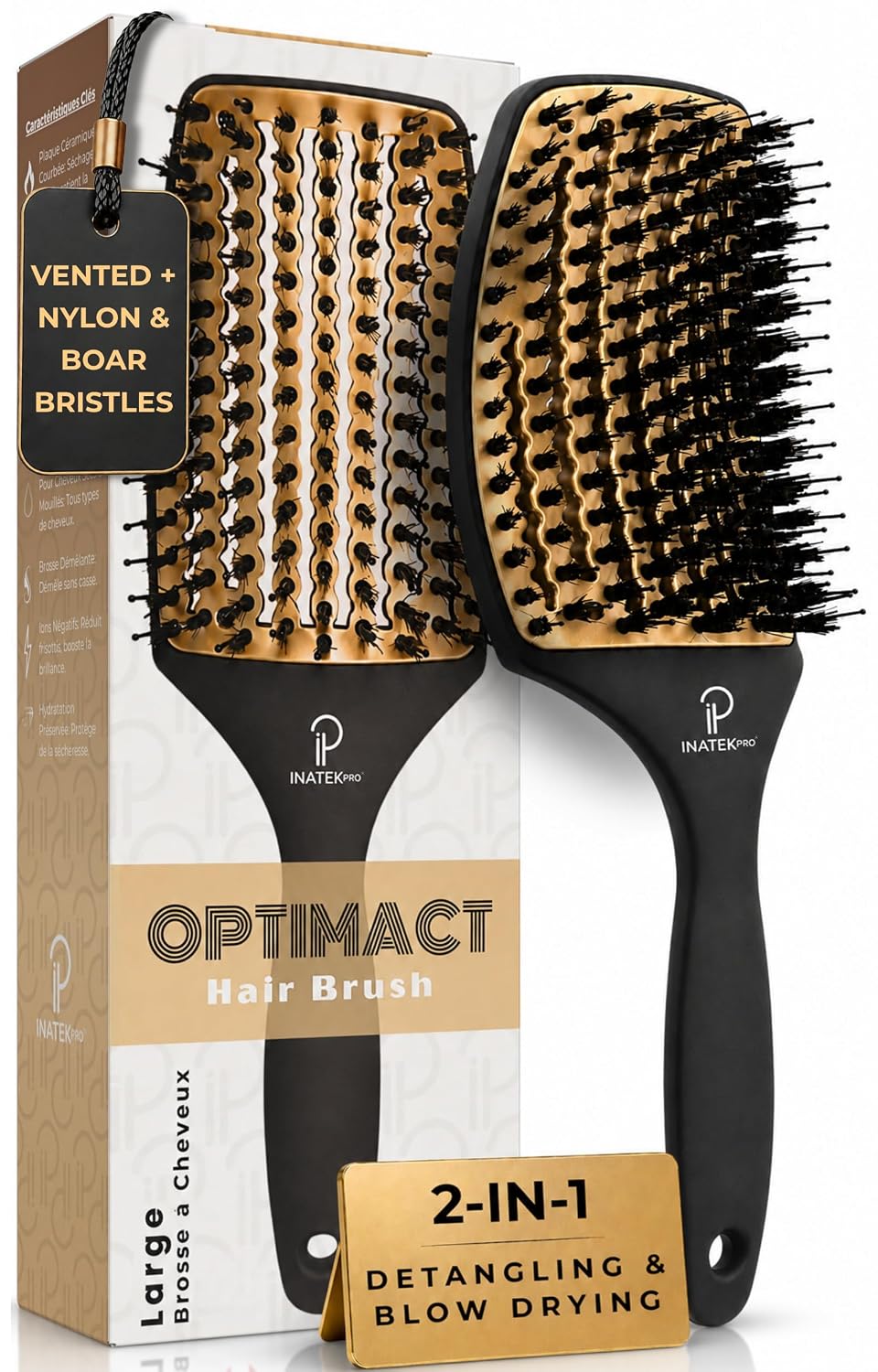 Curved Vented for Blow Drying - Boar Bristle Brush with Comfortable Handle - Soft Bristle Brush for Thick and Fine Hair - Natural Boar Bristles for Women, Men & Kids - Grey