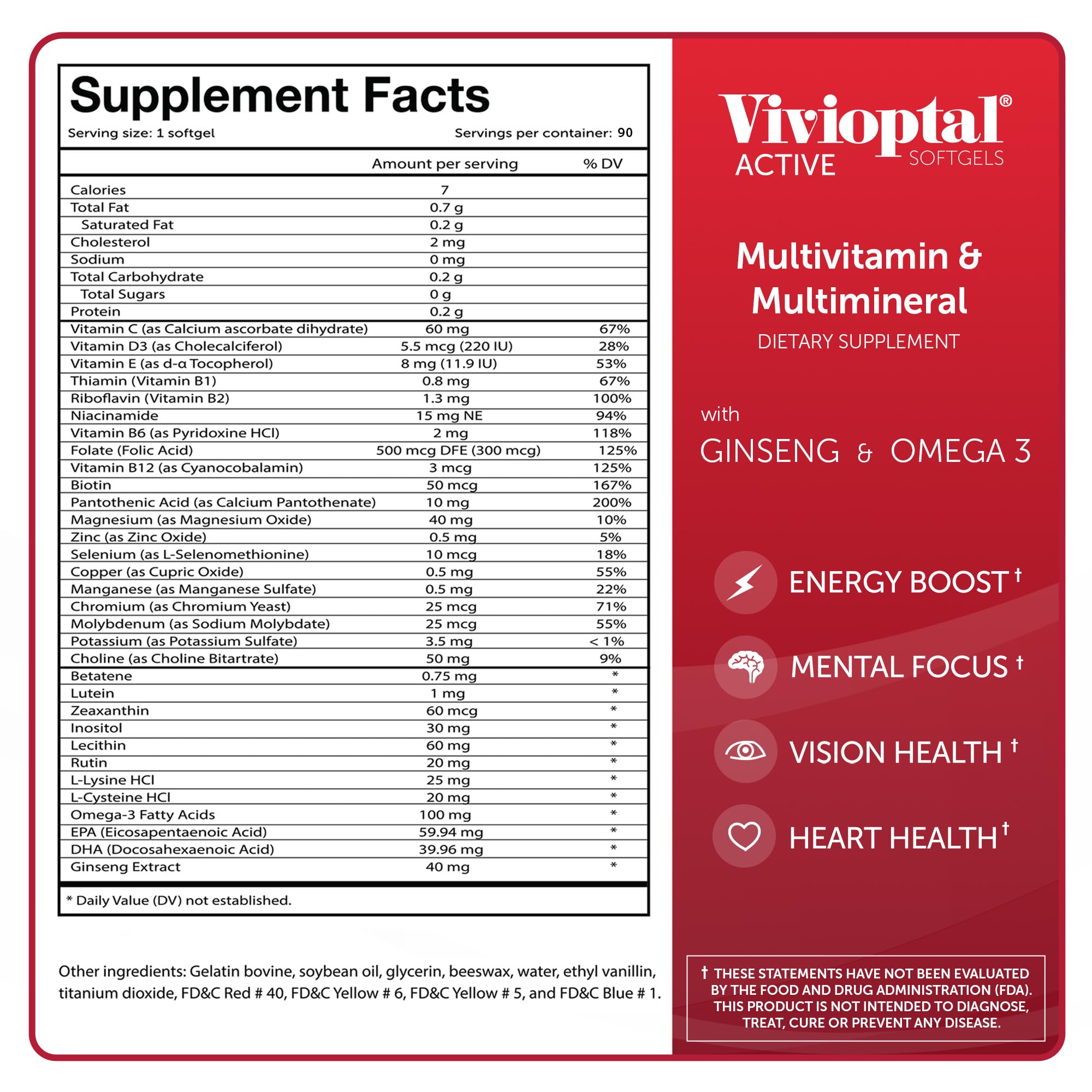 Vivioptal Active 90 Capsules - Multivitamin & Multimineral Supplement - Ginseng & Omega 3