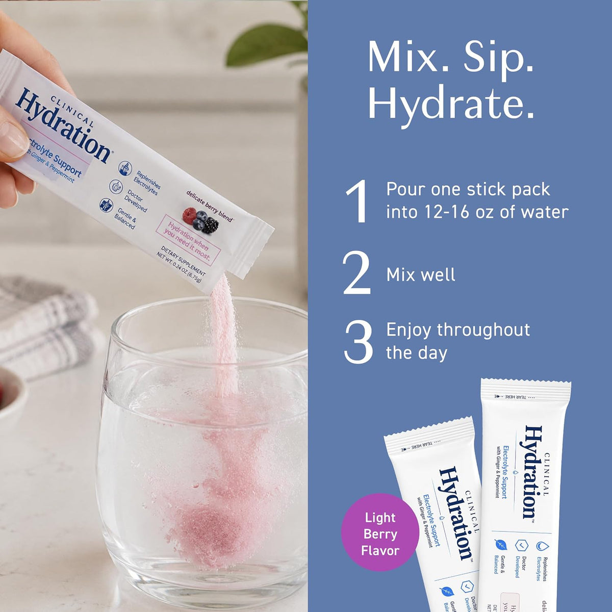 Three Lollies Clinical Hydration Electrolyte Drink Mix, Berry, 14 Sticks