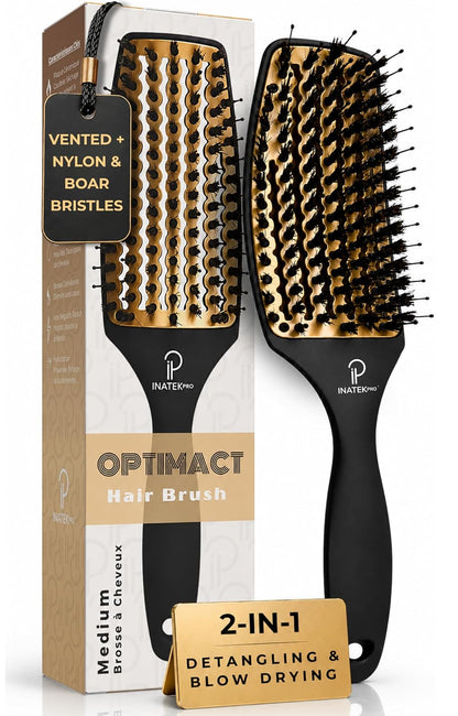 Curved Vented for Blow Drying - Boar Bristle Brush with Comfortable Handle - Soft Bristle Brush for Thick and Fine Hair - Natural Boar Bristles for Women, Men & Kids - Grey