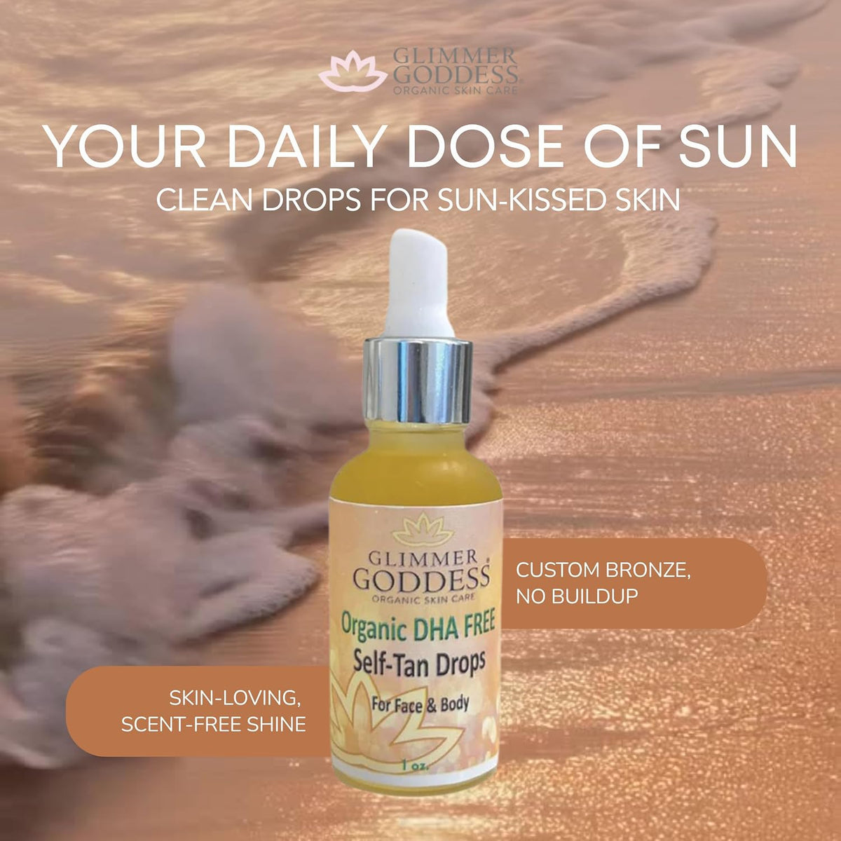 GLIMMER GODDESS Organic Self Tanning Drops, Unscented, 1oz