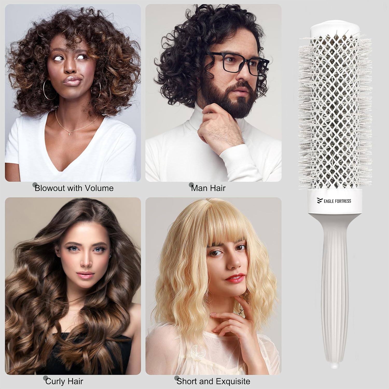 Eagle Fortress Professional Extended Barrel Round Hair Brush for Blow Drying with Ceramic + Ionic, Grey 1.69in