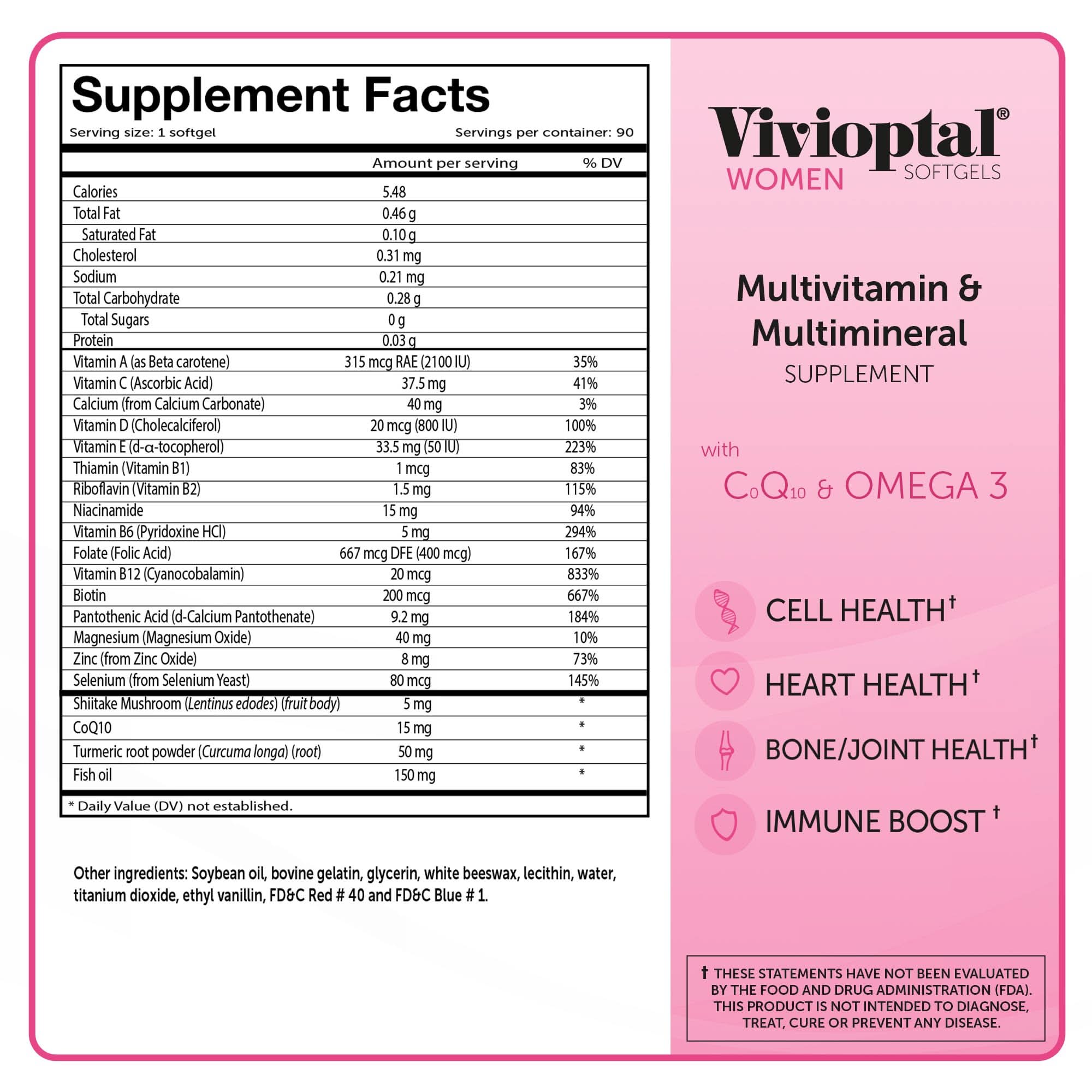Vivioptal Women, 90 Capsules (1 Year Supply), CoQ10 & Omega-3, Multivitamin & Multimineral, Gluten Free, German Formula