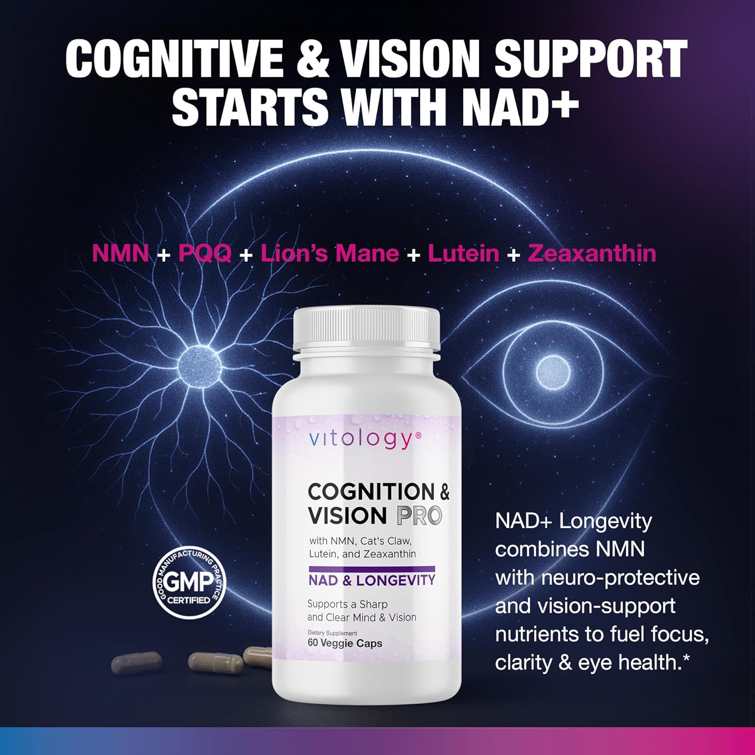 NAD+ Longevity: Cognition & Vision Support 60 Veggie Capsules