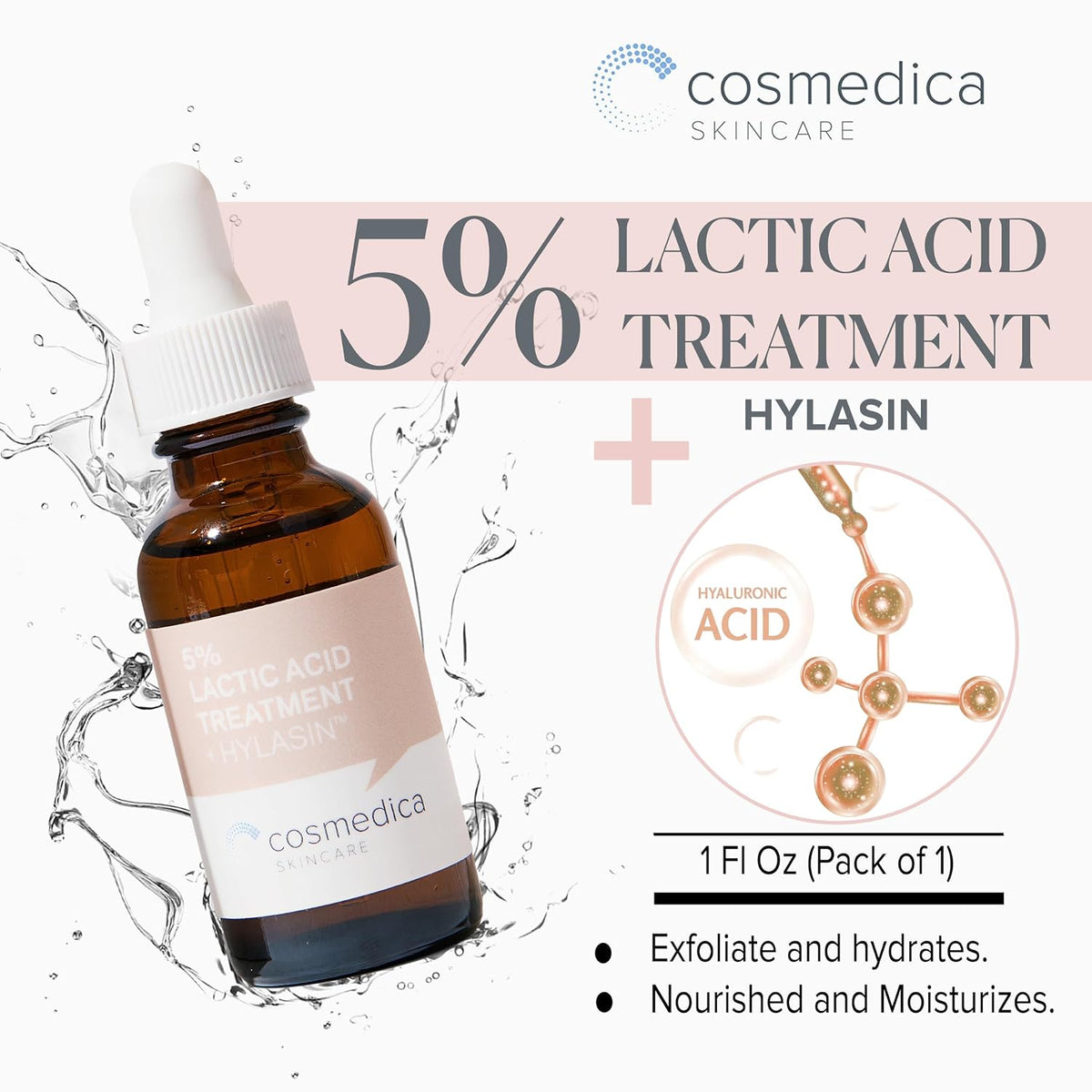 Cosmedica 5% Lactic Acid & Hylasin Serum - Dark Spot Remover for Face, 1oz