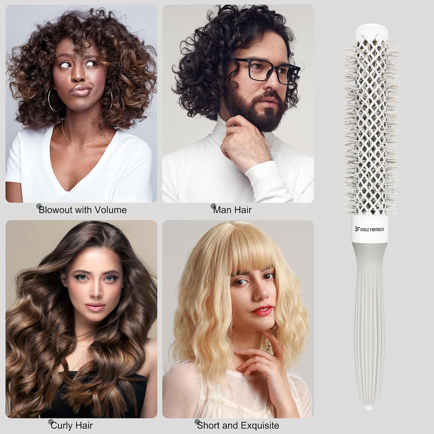 Eagle Fortress Professional Extended Barrel Round Hair Brush for Blow Drying with Ceramic + Ionic, Grey 0.98in