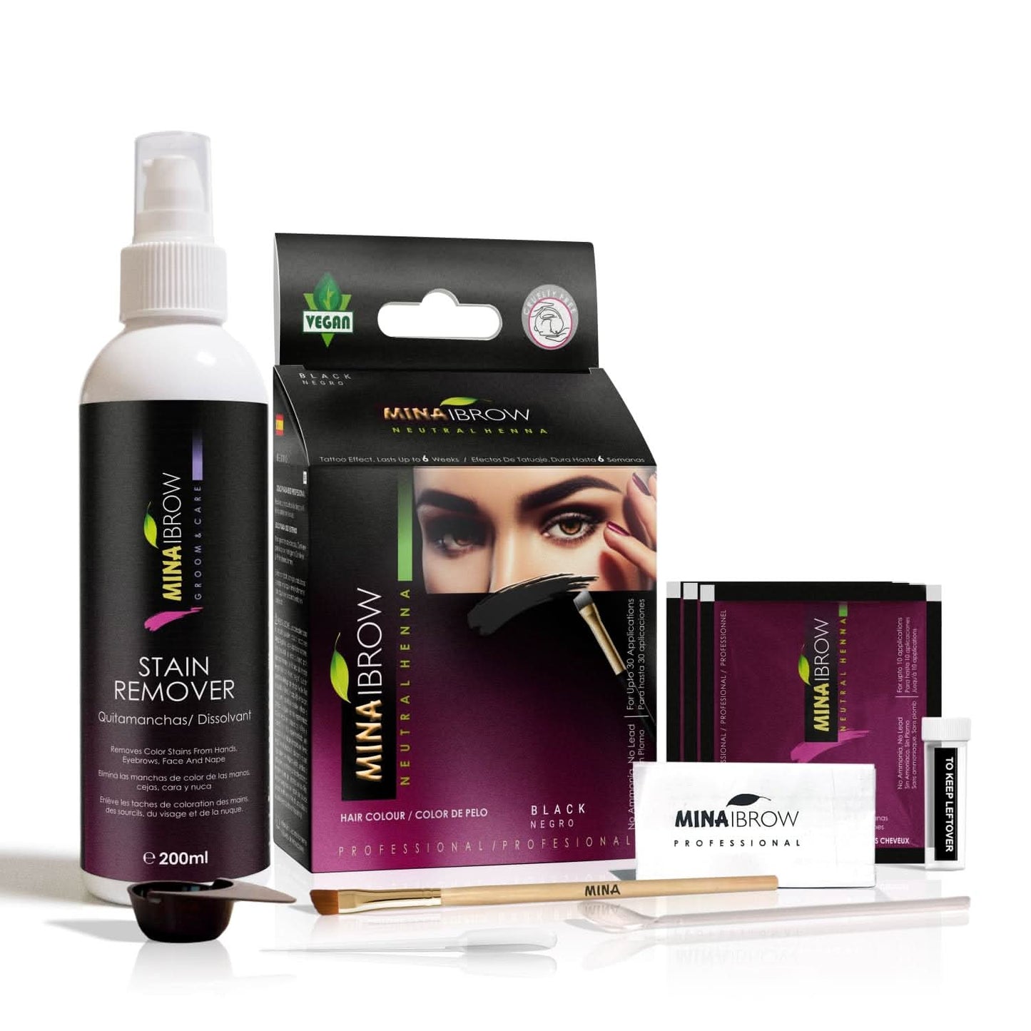 Mina Ibrow Henna Regular Brow Tint Kit - Black with Stain Remover