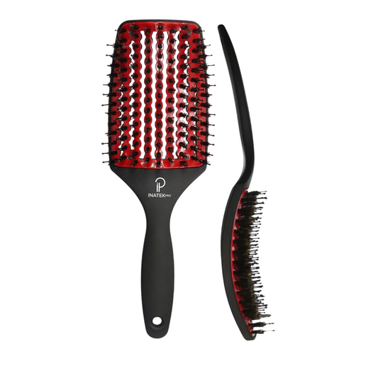 INATEKPRO Curved Vented Boar Bristle Detangler Brush - RED | LARGE