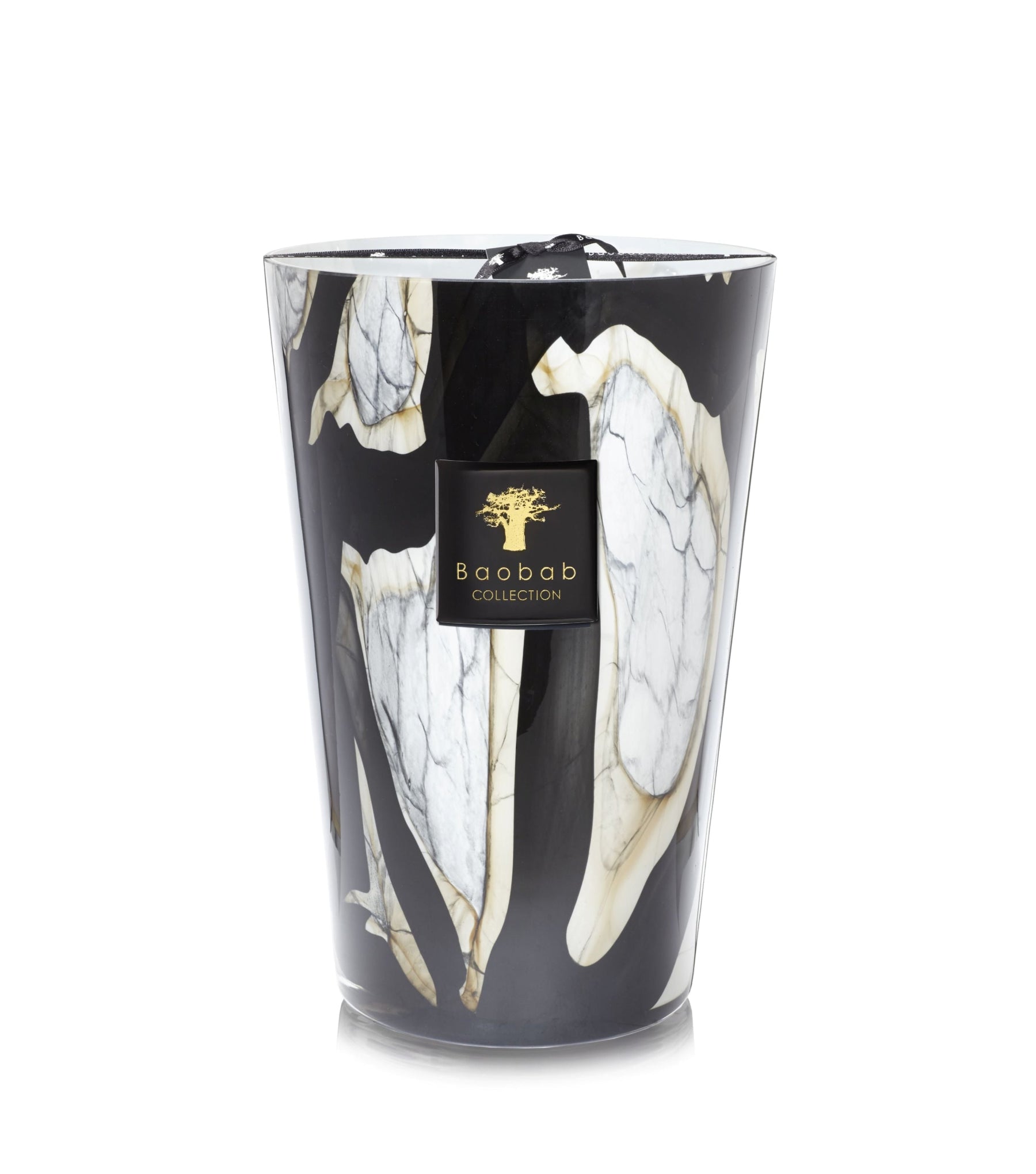 Hand-blown grey marble effect glass candle with black strokes and beige edging, branded with 'Baobab' at the base.