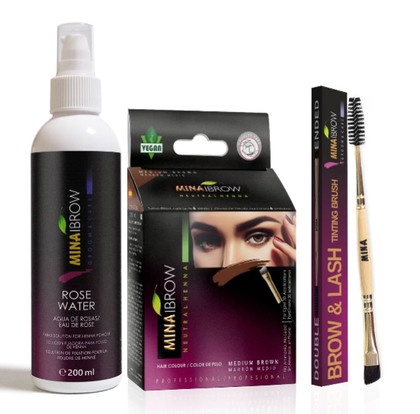 Mina iBrow Henna Regular Brow Tint Kit w/ Rose Water 200 ml & Duo Angled Brush