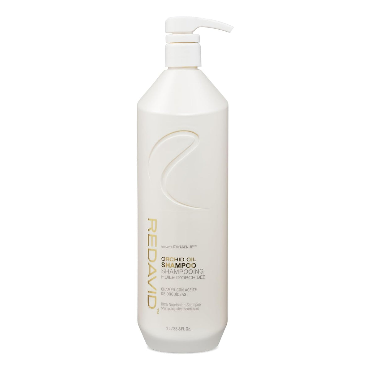 A large white bottle of REDAYVID Quinoa Curl Shampoo with a white pump dispenser, featuring gold and black text on a clean white background.