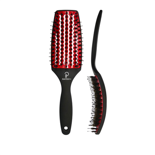 INATEKPRO Curved Vented Boar Bristle Detangler Brush - RED | MEDIUM