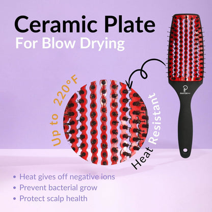 INATEKPRO Curved Vented Boar Bristle Detangler Brush - RED | MEDIUM