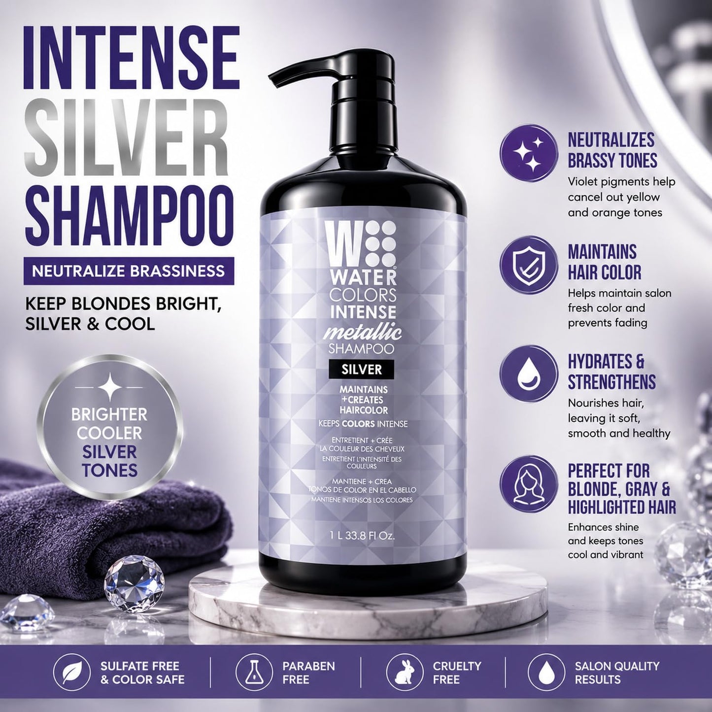 Watercolors Intense Metallic 3-in-1 Color Depositing Shampoo, Silver 33.8 oz
