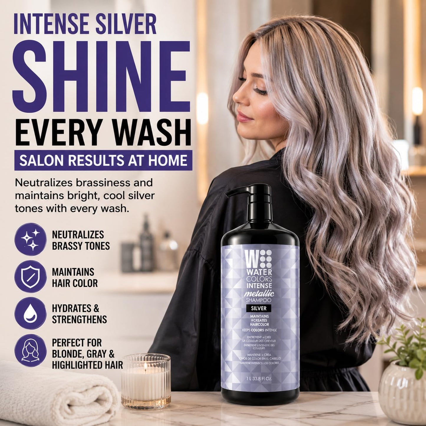 Watercolors Intense Metallic 3-in-1 Color Depositing Shampoo, Silver 33.8 oz