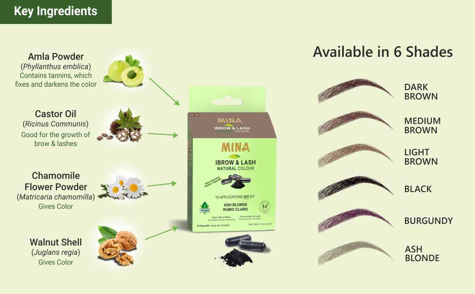 Mina ibrow & Lash Tint Kit Light Brown | Natural Spot coloring and Brow Tinting Kit Powder in Capsule, Water and Smudge Proof | Instant Brow dye, No Ammonia, No Lead