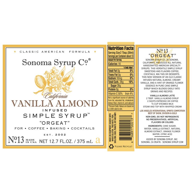 Sonoma Syrup No. 13 Almond Infused Simple Syrup 12.7 oz
