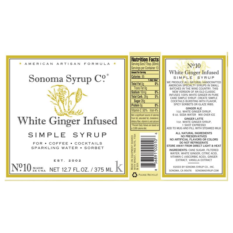 Sonoma Syrup No. 10 White Ginger Infused Simple Syrup 12.7 oz