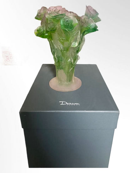 Daum Roses Green and Pink Medium Vase