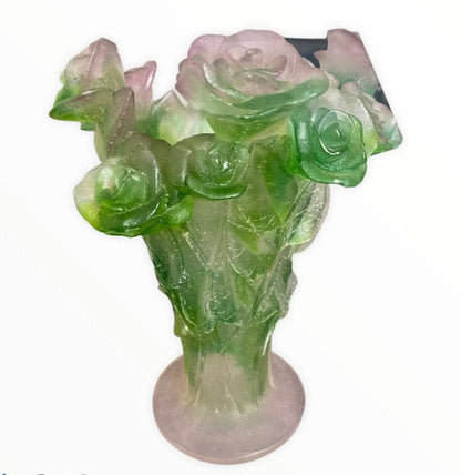 Daum Roses Green and Pink Medium Vase