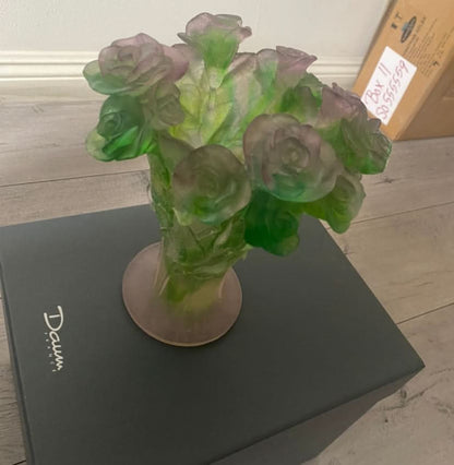 Daum Roses Green and Pink Medium Vase