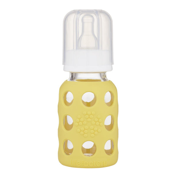 Lifefactory 4 oz Glass Baby Bottle with Protective Silicone Sleeve, Banana